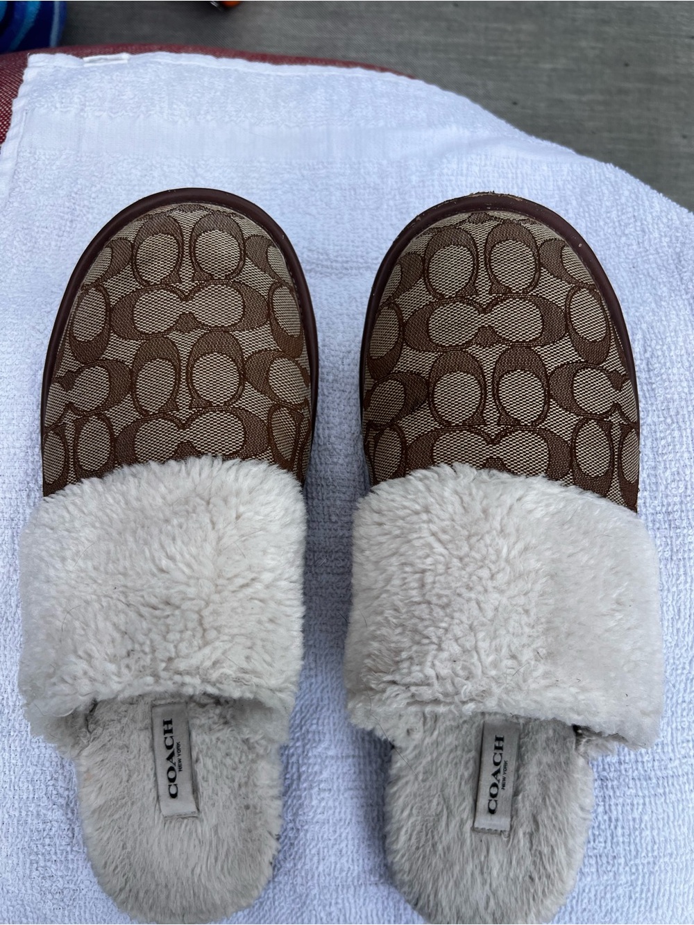 Coach Brown Signature Monogram Shearling Slide Slippers with Cream Fur Cuff